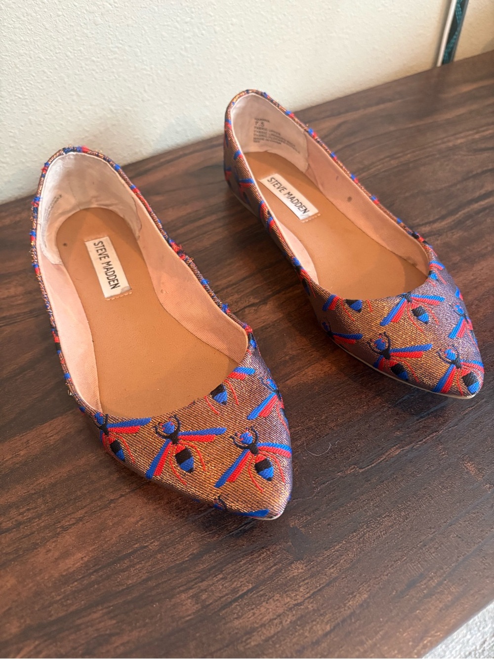 Steve Madden Brown Embroidered Pointed-Toe Flats - Brown/Blue/Red Insect Party